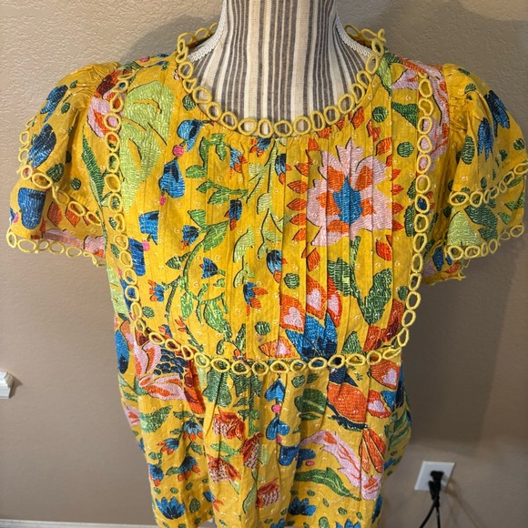 SALE! New FARM Rio Top XS Gold Yellow Floral Embroid Blouse 100% Cotton Peasant - Picture 2 of 15
